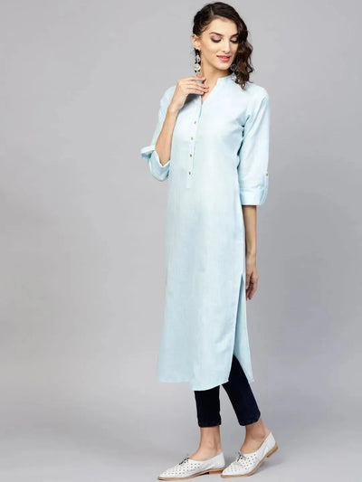 Blue Solid Cotton Kurta - Libas