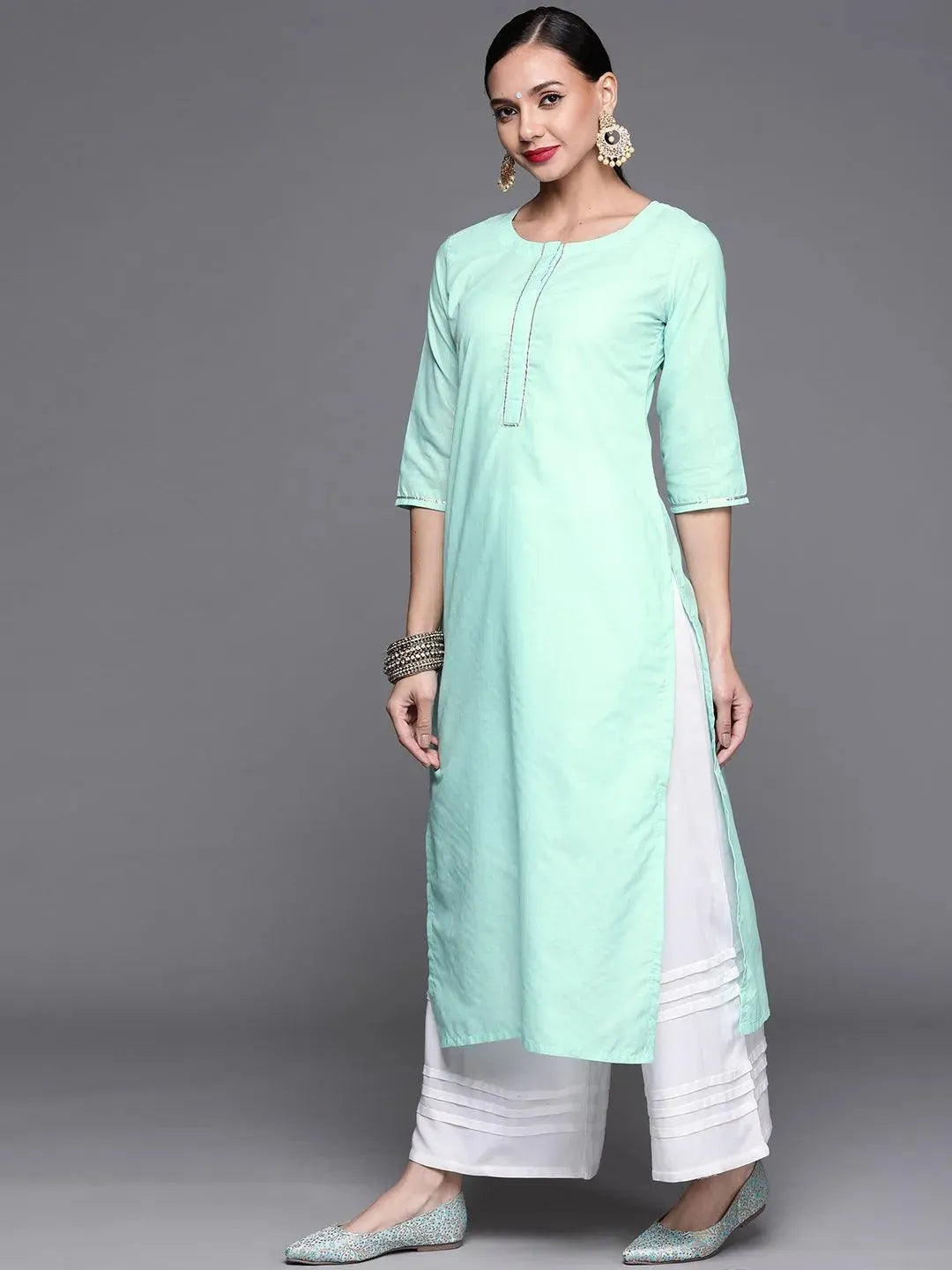 Blue Solid Cotton Kurta - Libas 