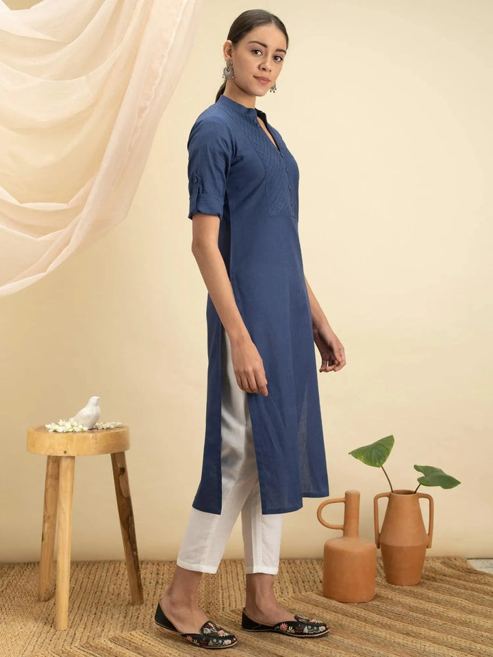 Blue Solid Cotton Kurta - Libas