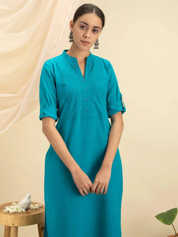 Blue Solid Cotton Kurta - Libas