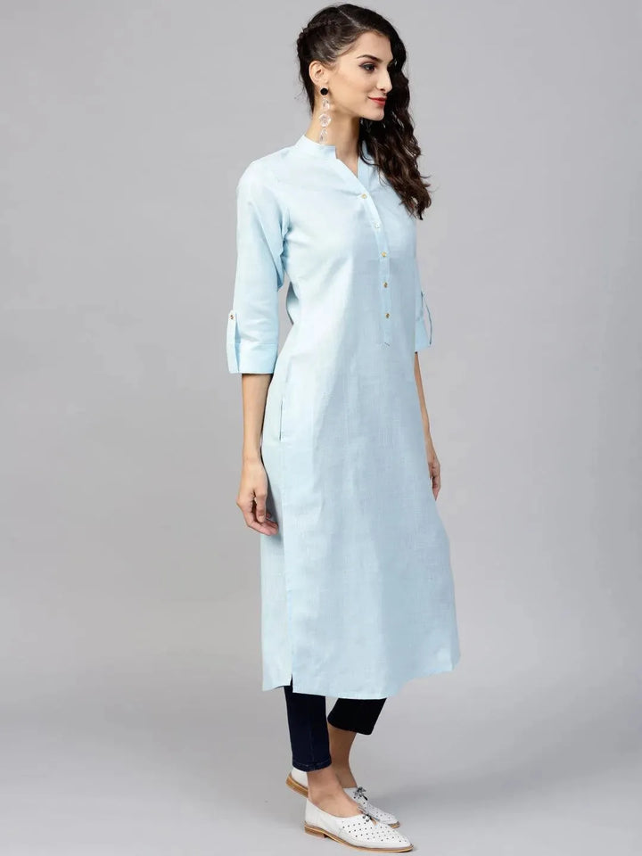 Blue Solid Cotton Kurta - Libas