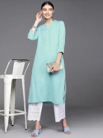 Blue Solid Cotton Kurta - Libas