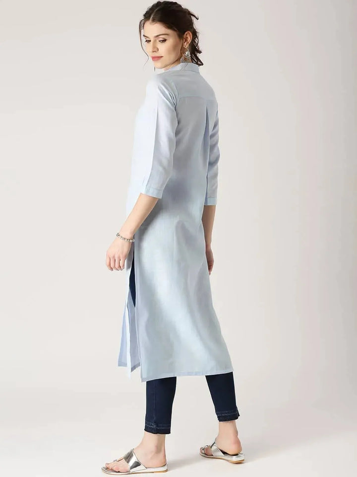 Blue Solid Cotton Kurta - Libas