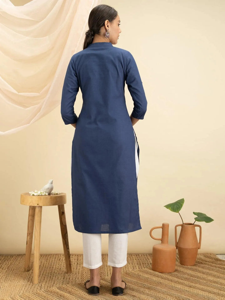 Blue Solid Cotton Kurta - Libas