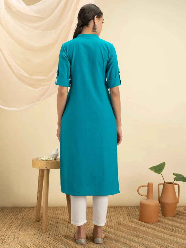 Blue Solid Cotton Kurta - Libas