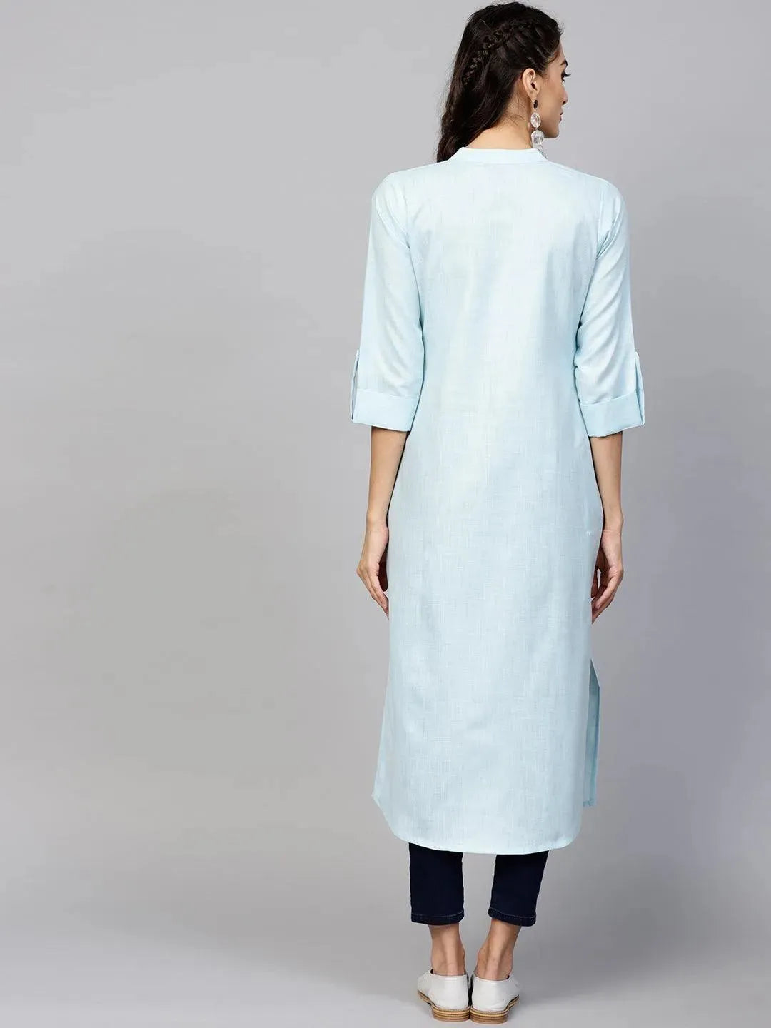 Blue Solid Cotton Kurta - Libas 