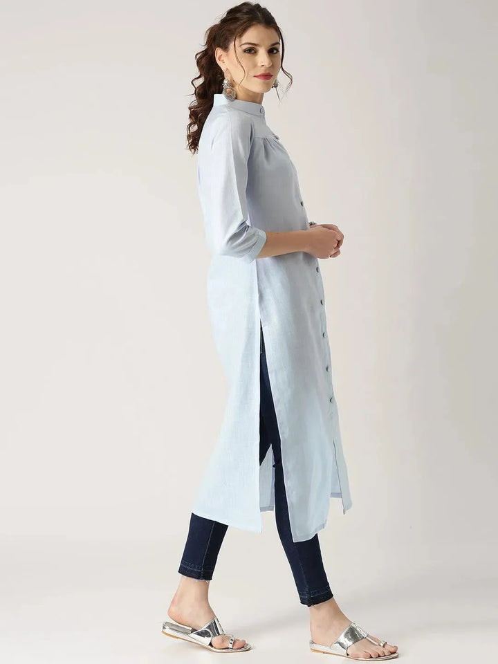 Blue Solid Cotton Kurta - Libas