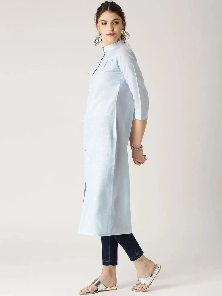 Blue Solid Cotton Kurta - Libas