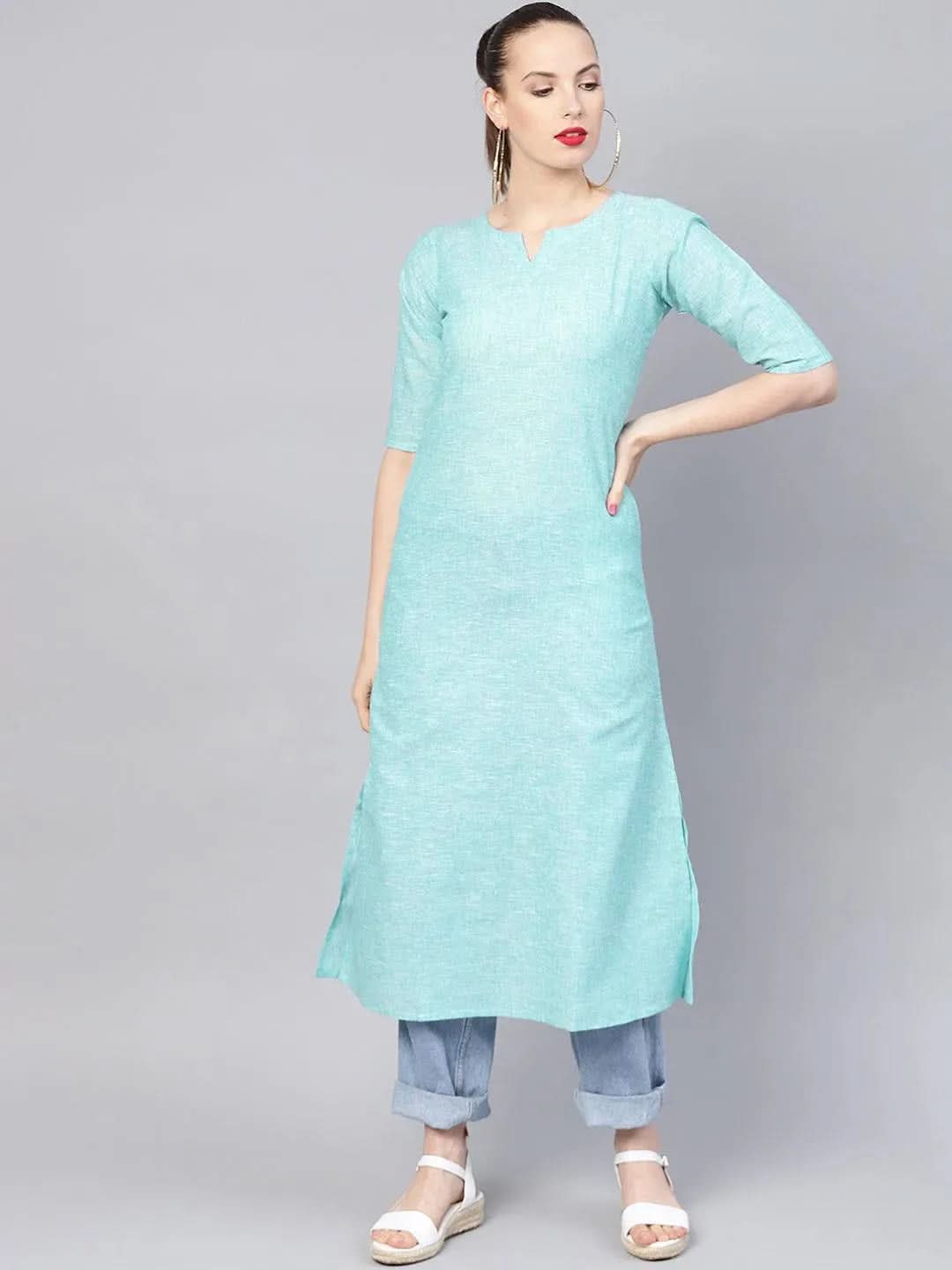 Blue Solid Cotton Kurta With Jacket - Libas 