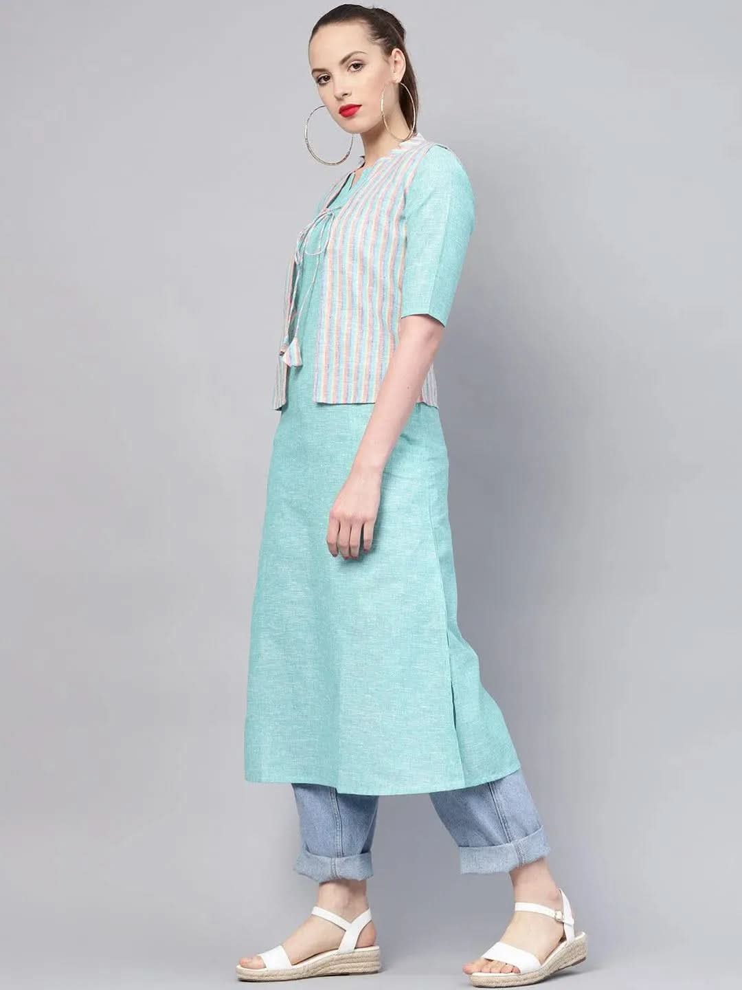 Blue Solid Cotton Kurta With Jacket - Libas 