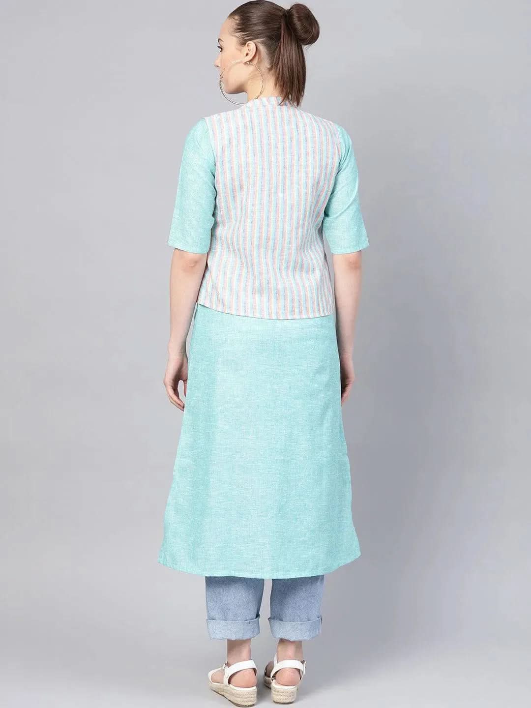 Blue Solid Cotton Kurta With Jacket - Libas 