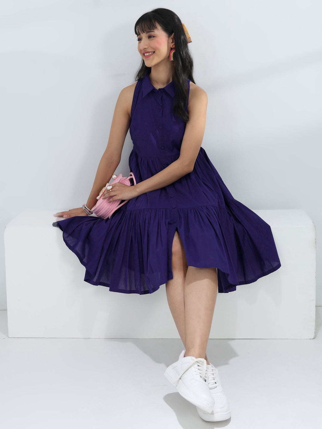  Blue Solid Cotton One-Piece Collar Dress 