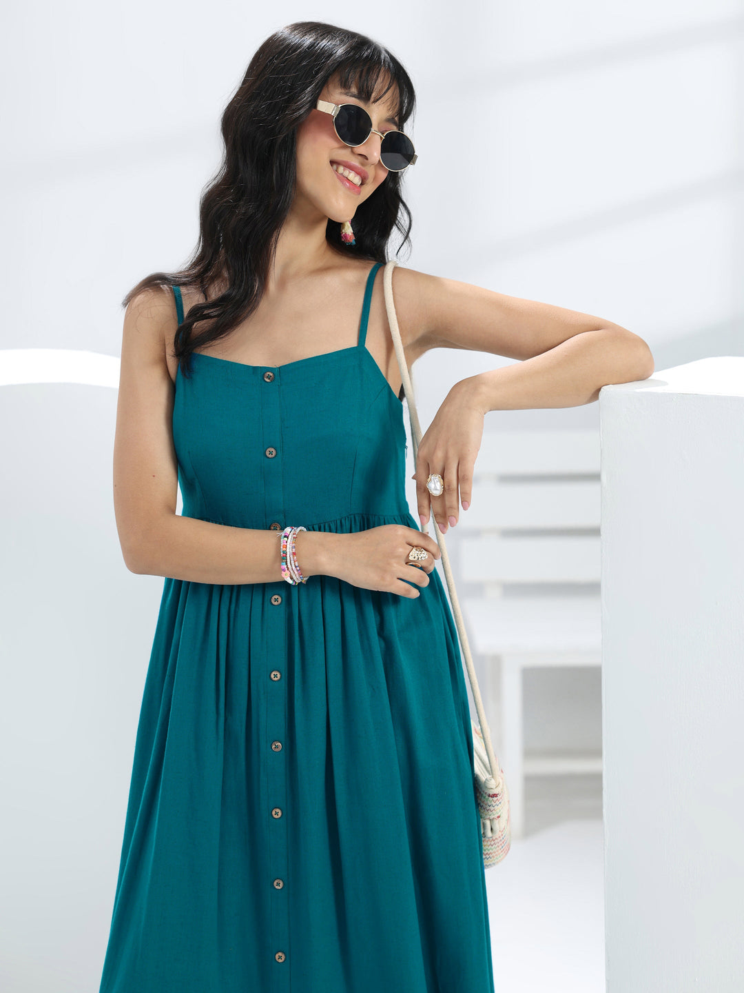 Blue Solid Cotton One-Piece Dress
