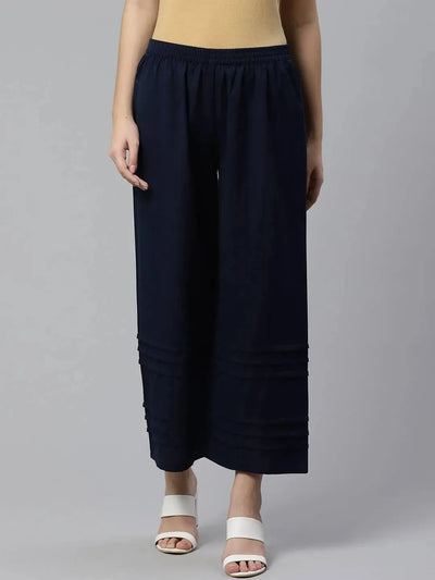 Blue Solid Cotton Palazzos - Libas