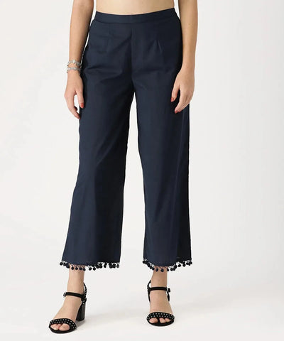 Blue Solid Cotton Palazzos - Libas