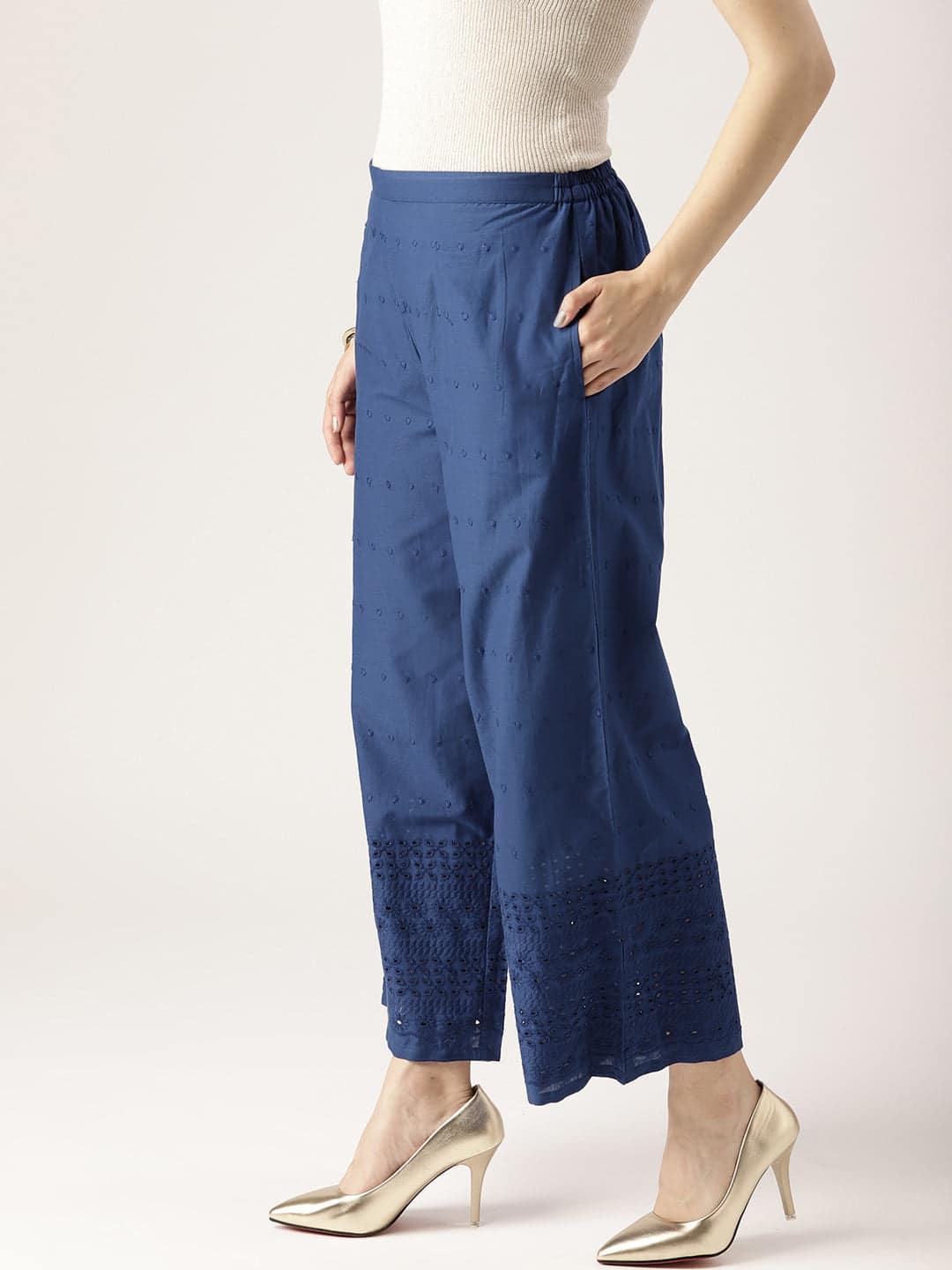 Blue Solid Cotton Palazzos