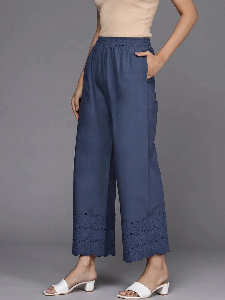 Blue Solid Cotton Palazzos - Libas