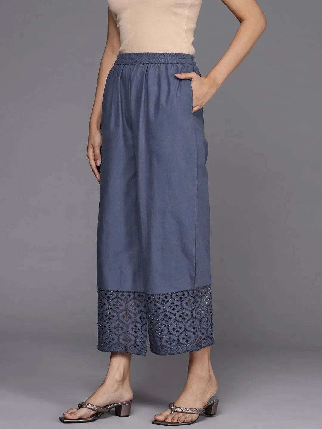 Blue Solid Cotton Palazzos - Libas 