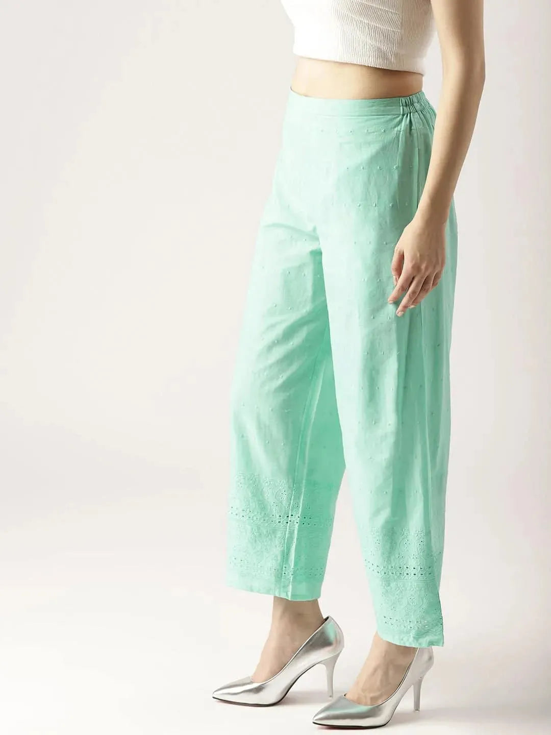 Blue Solid Cotton Palazzos - Libas