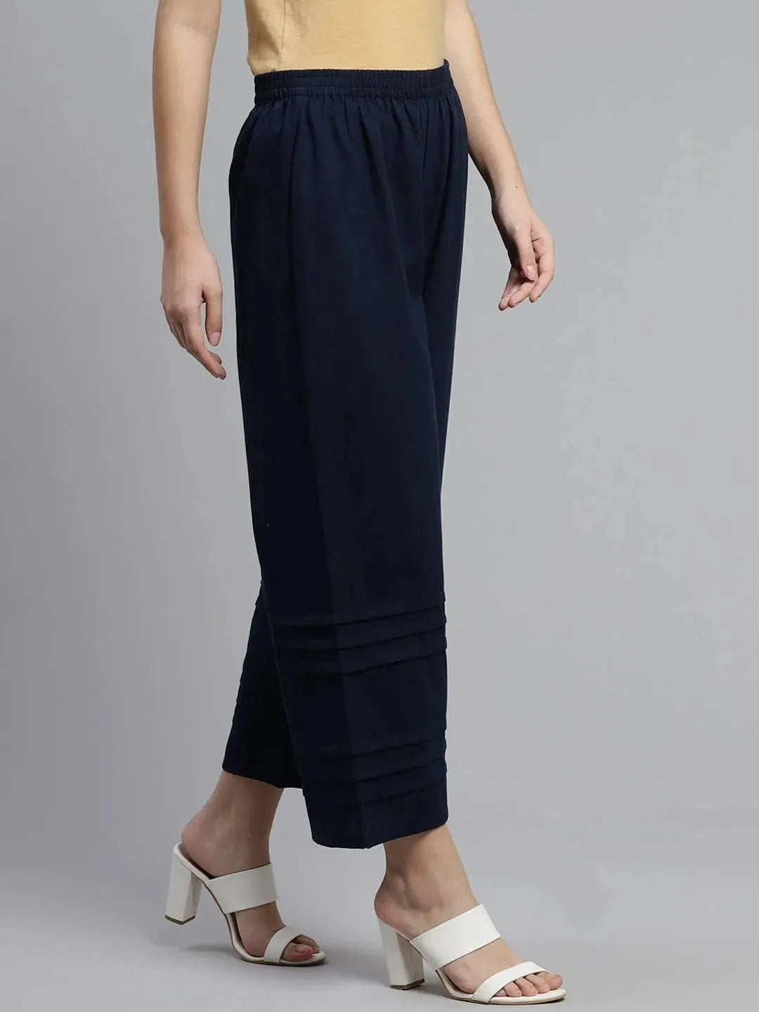 Blue Solid Cotton Palazzos - Libas 