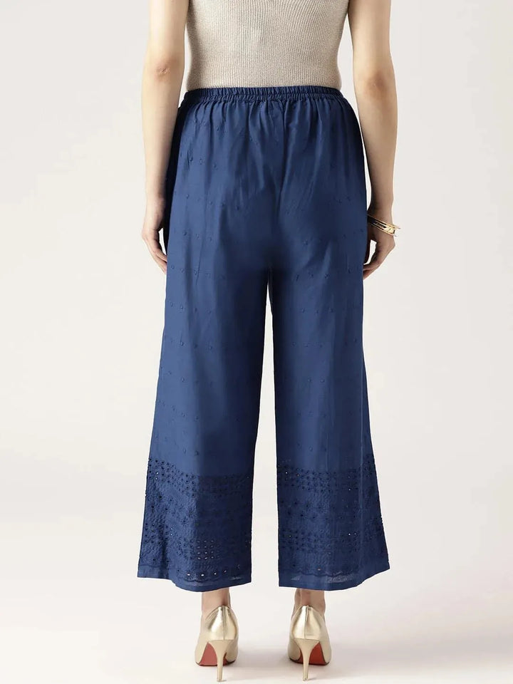 Blue Solid Cotton Palazzos - Libas