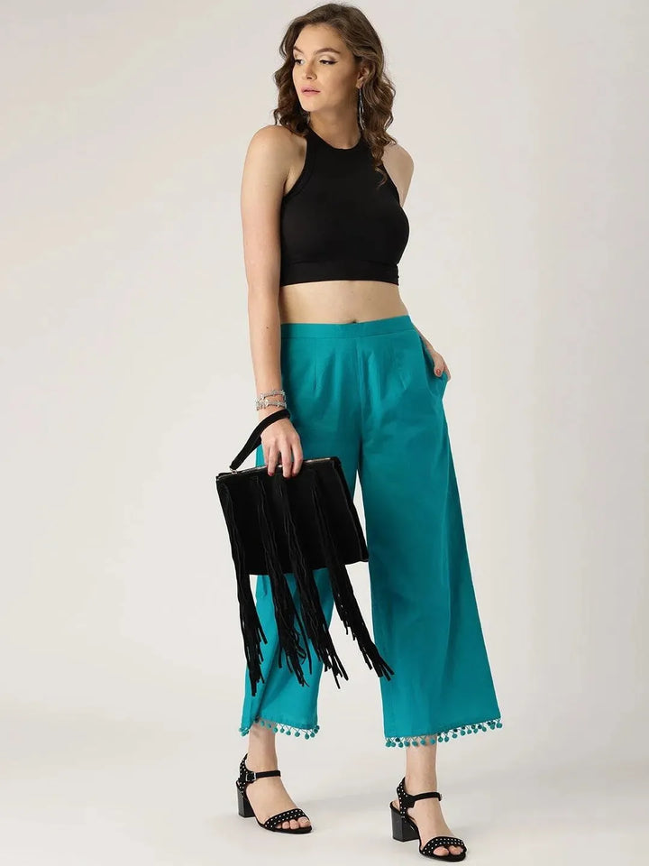 Blue Solid Cotton Palazzos - Libas