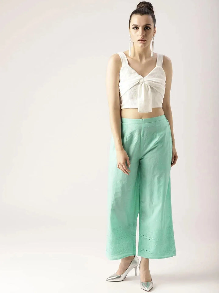 Blue Solid Cotton Palazzos - Libas