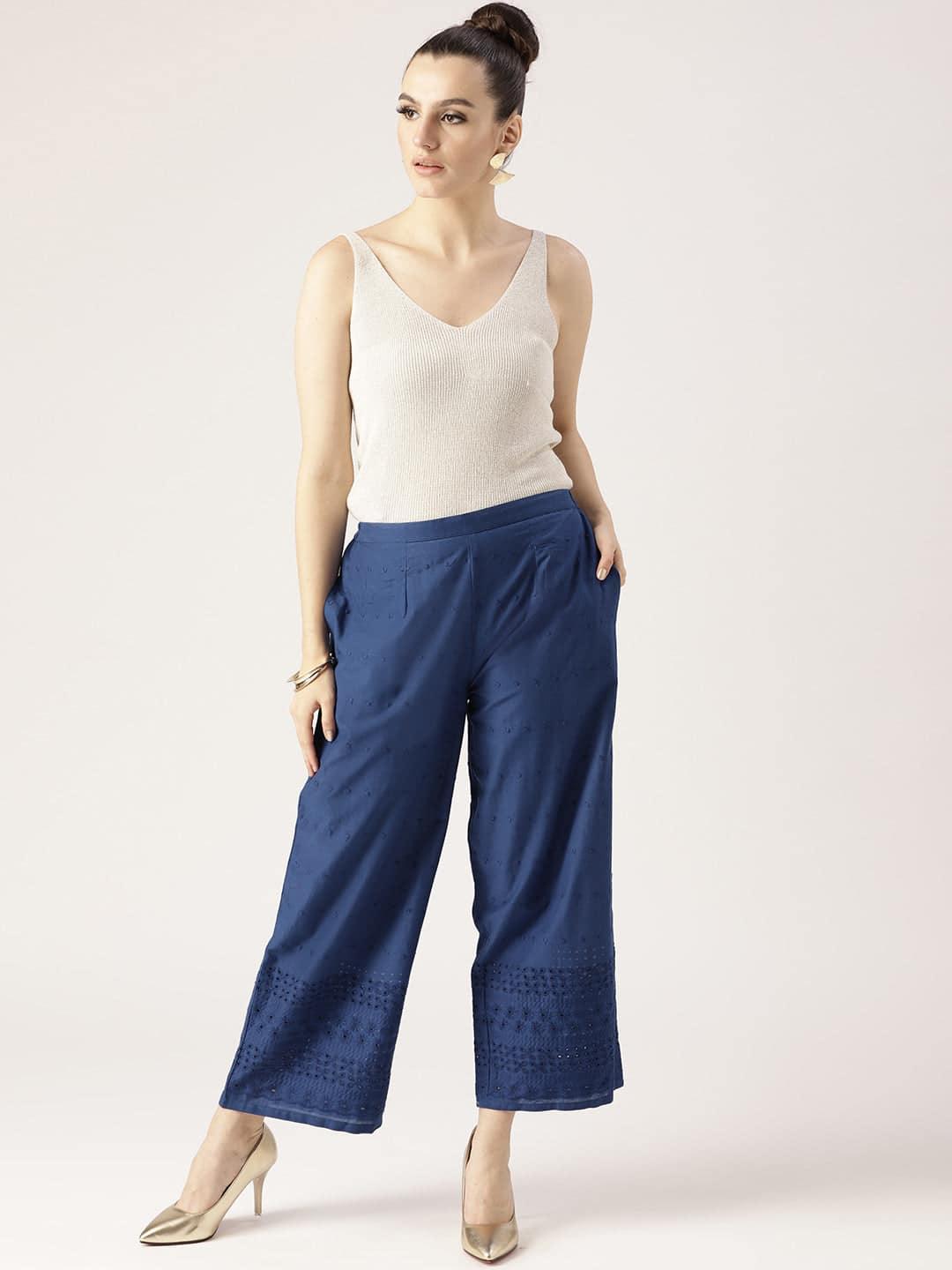 Blue Solid Cotton Palazzos