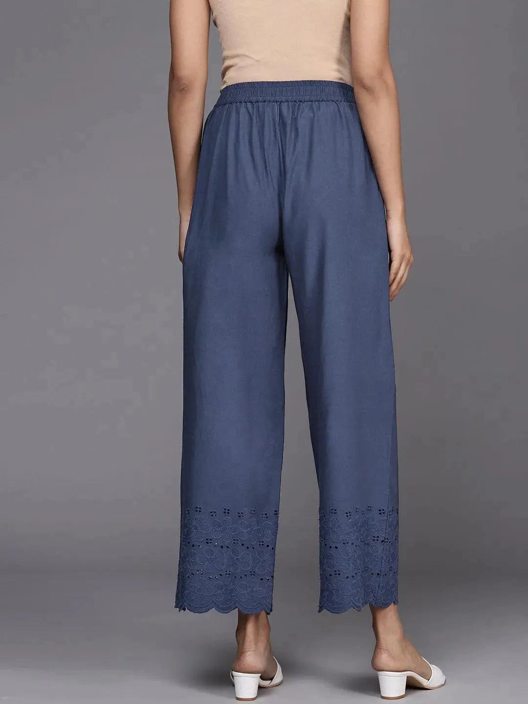 Blue Solid Cotton Palazzos - Libas 