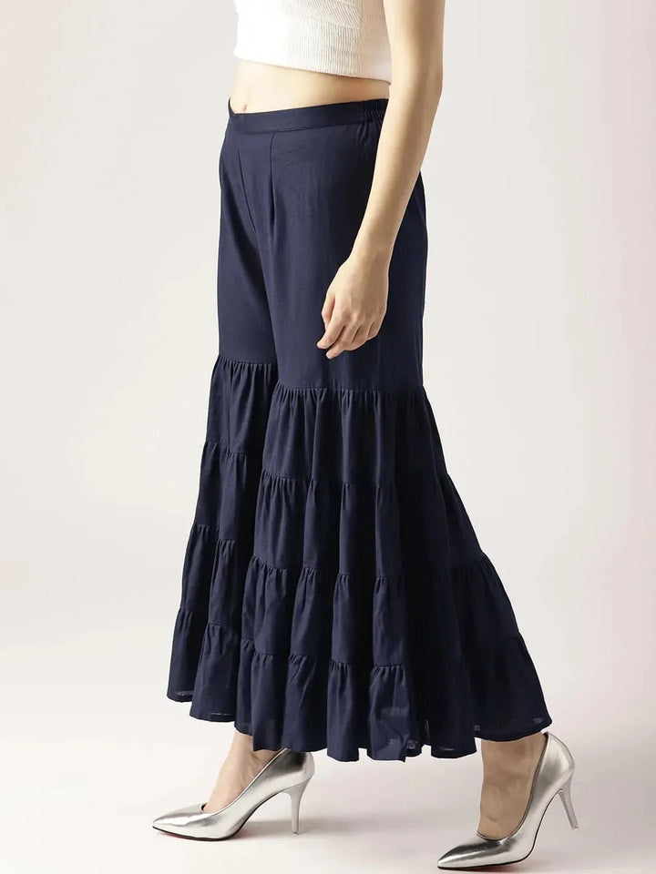 Blue Solid Cotton Sharara Pants - Libas