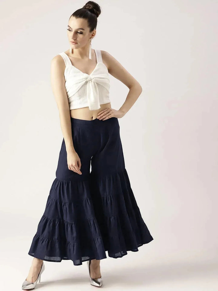 Blue Solid Cotton Sharara Pants - Libas