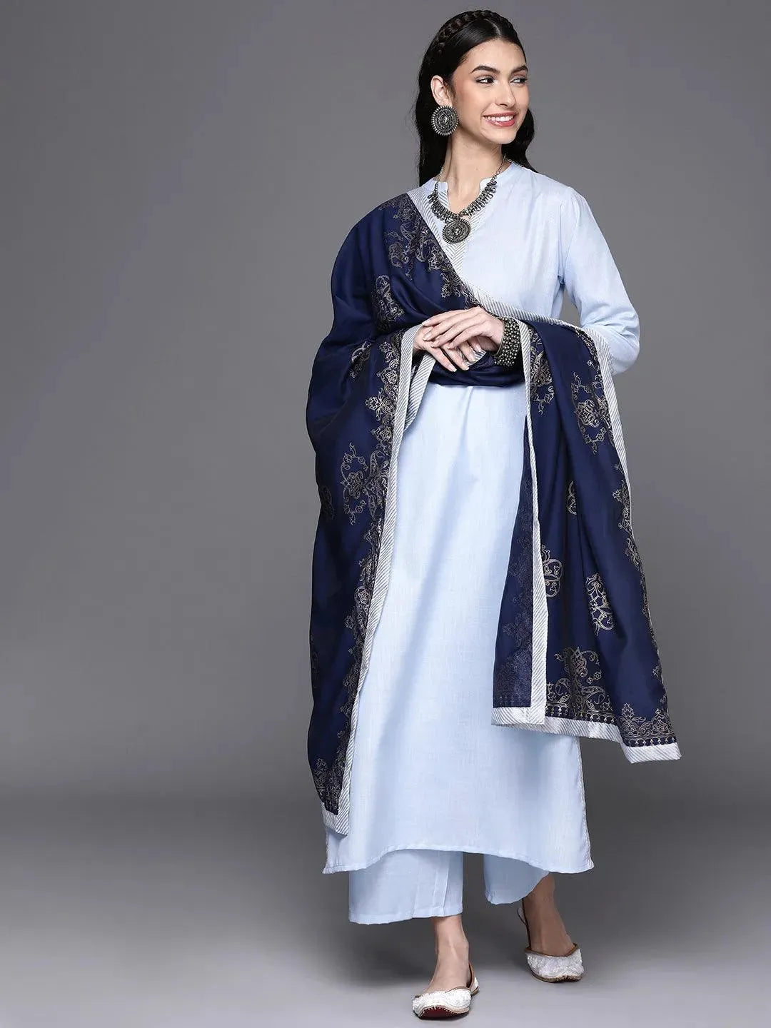 Blue Solid Cotton Suit Set - Libas