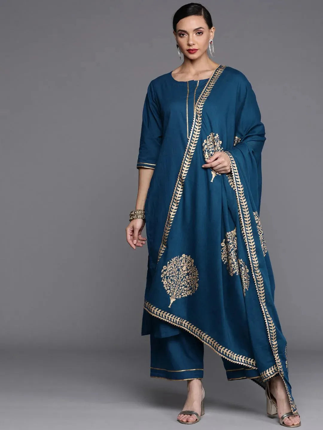 Blue Solid Cotton Suit Set - Libas