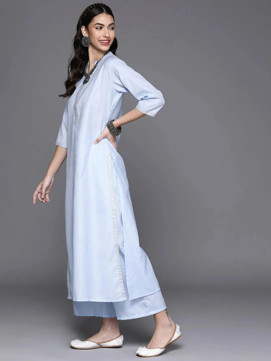 Blue Solid Cotton Suit Set - Libas