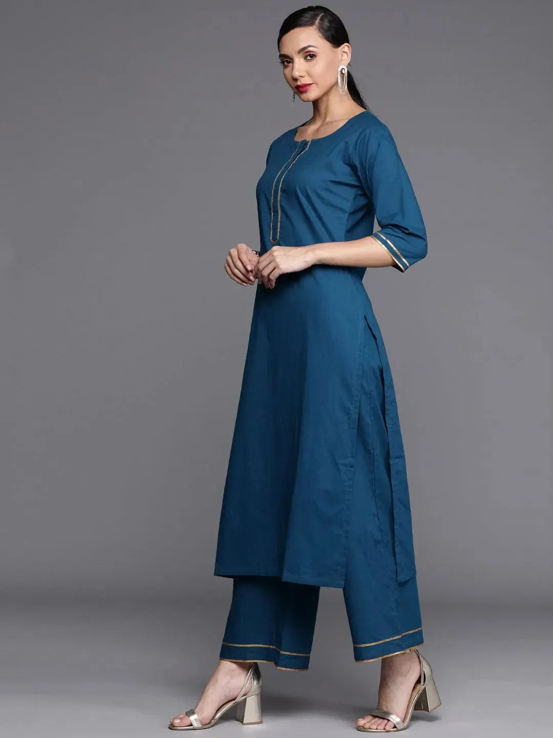 Blue Solid Cotton Suit Set - Libas