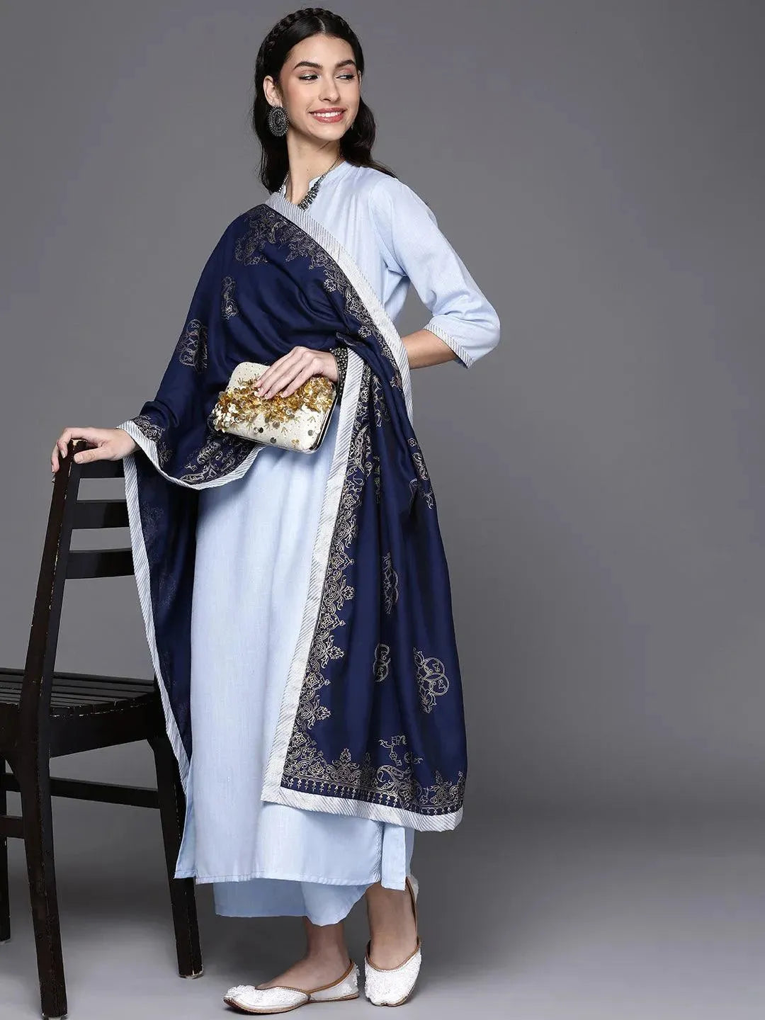 Blue Solid Cotton Suit Set - Libas 