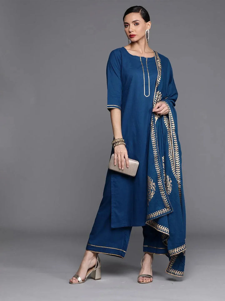 Blue Solid Cotton Suit Set - Libas