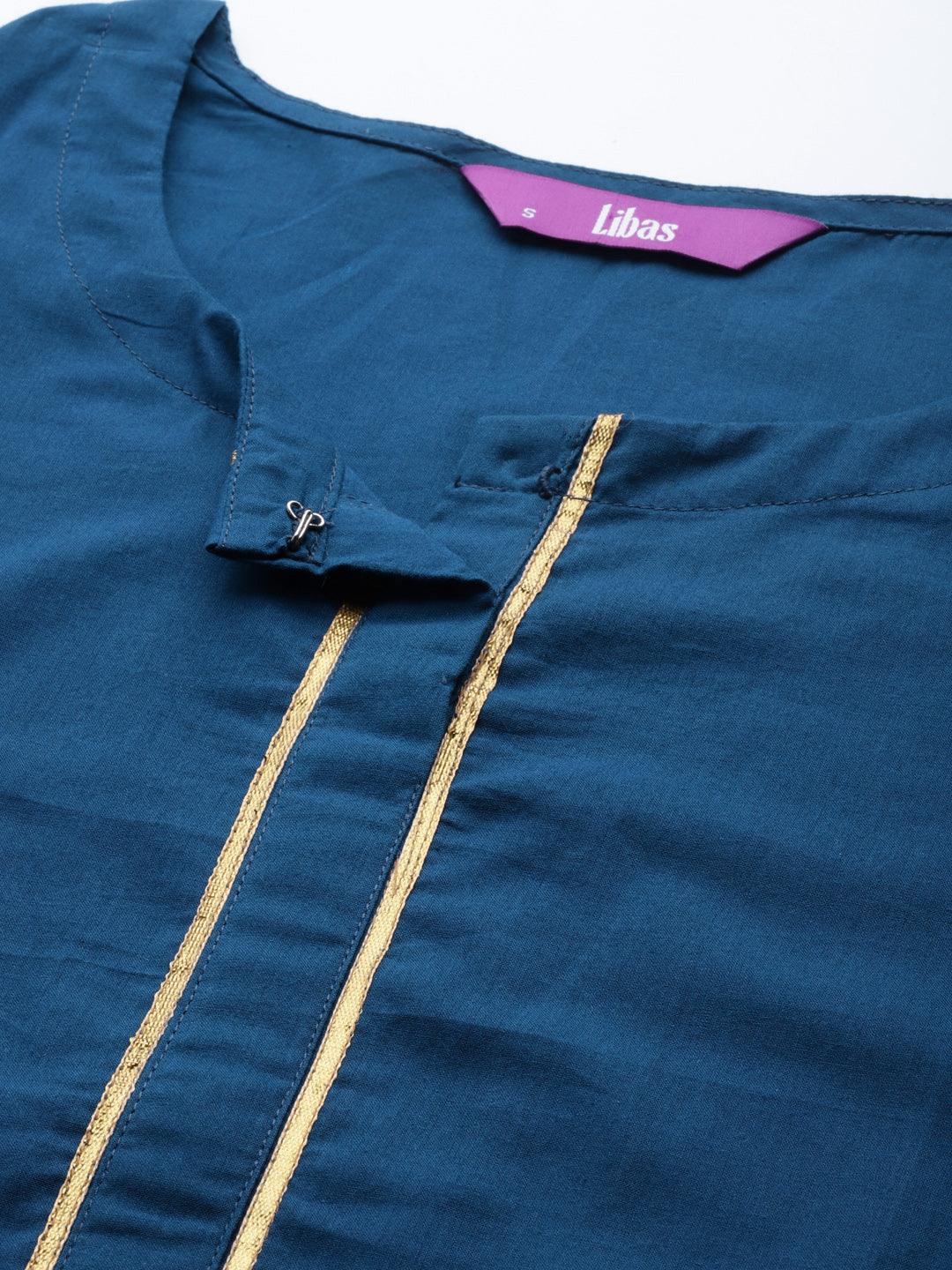 Blue Solid Cotton Suit Set - Libas