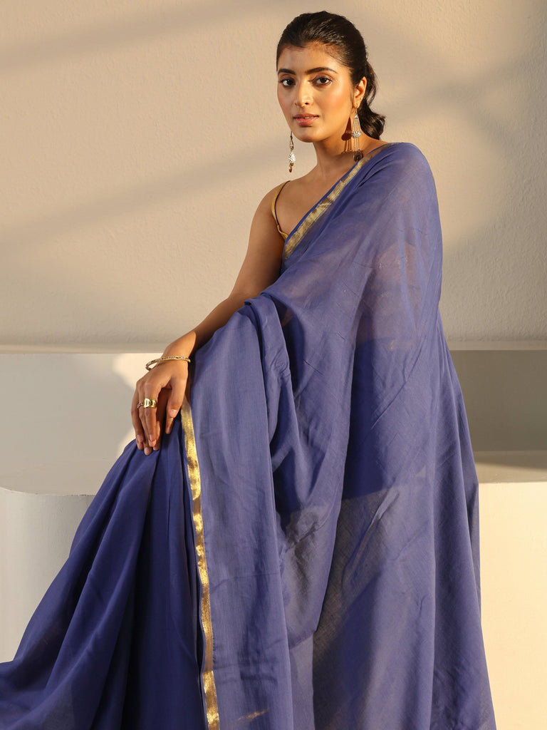 Libas Blue Solid Cotton Tassel Saree