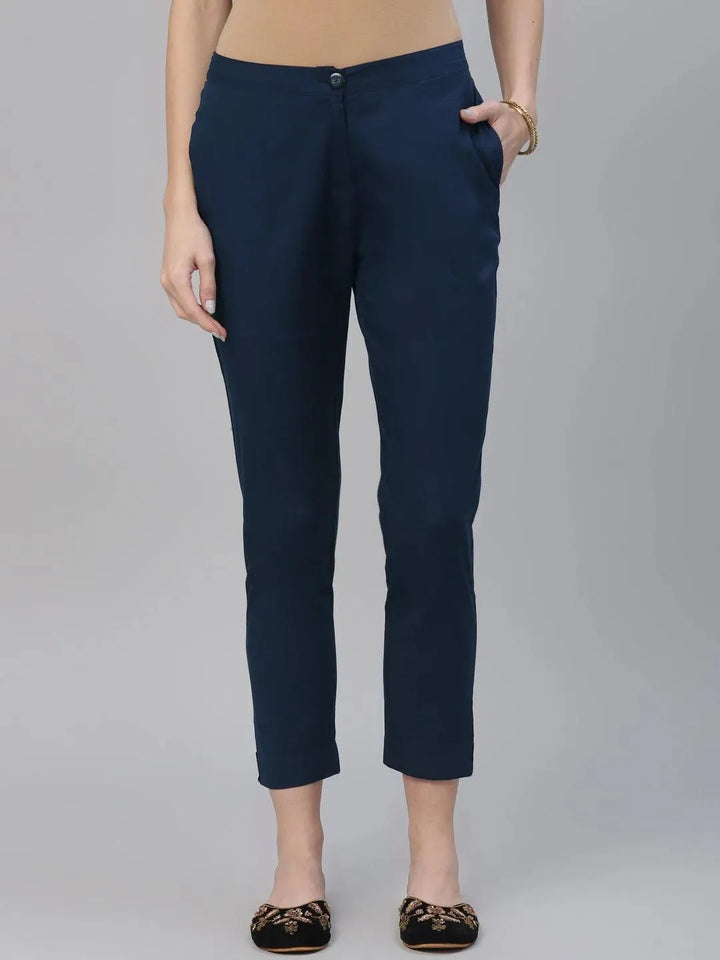 Blue Solid Cotton Trousers - Libas