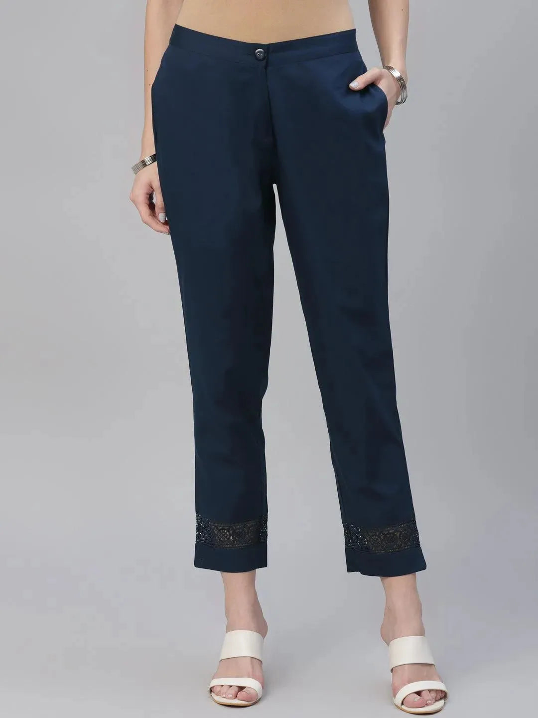 Blue Solid Cotton Trousers - Libas