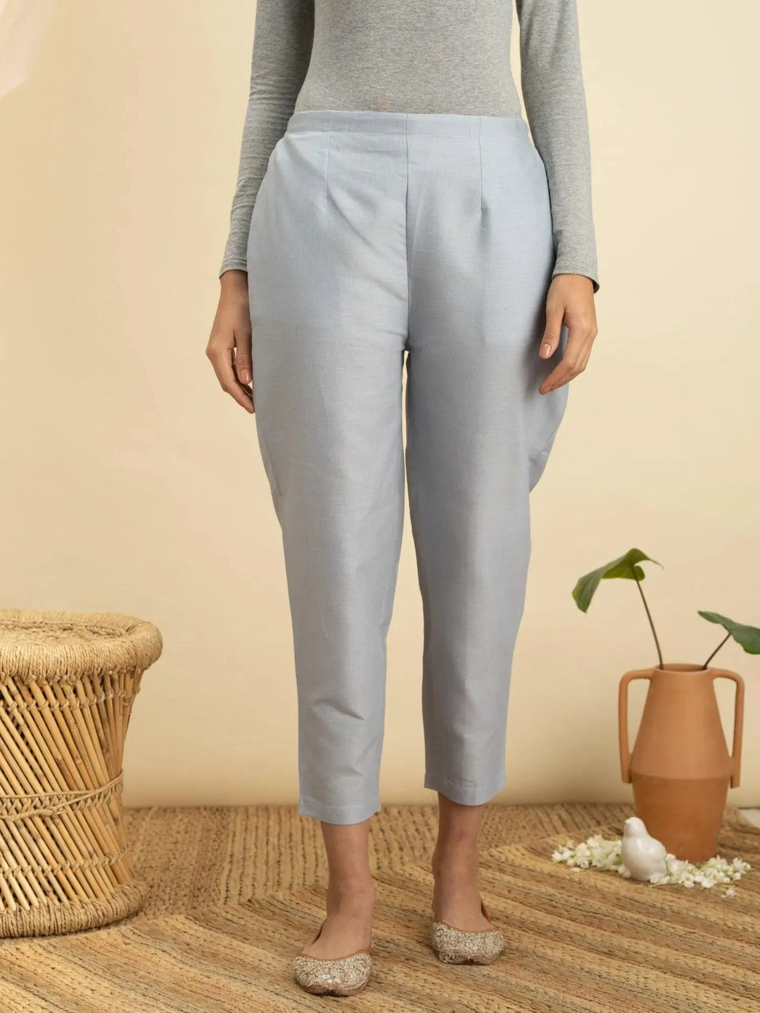 Blue Solid Cotton Trousers - Libas