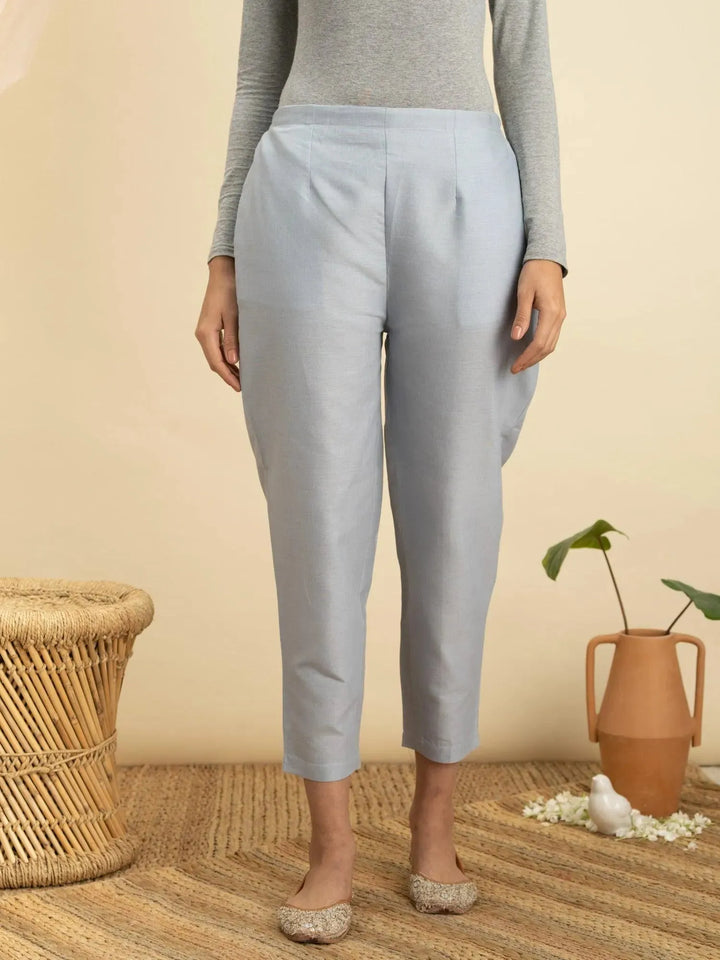 Blue Solid Cotton Trousers - Libas
