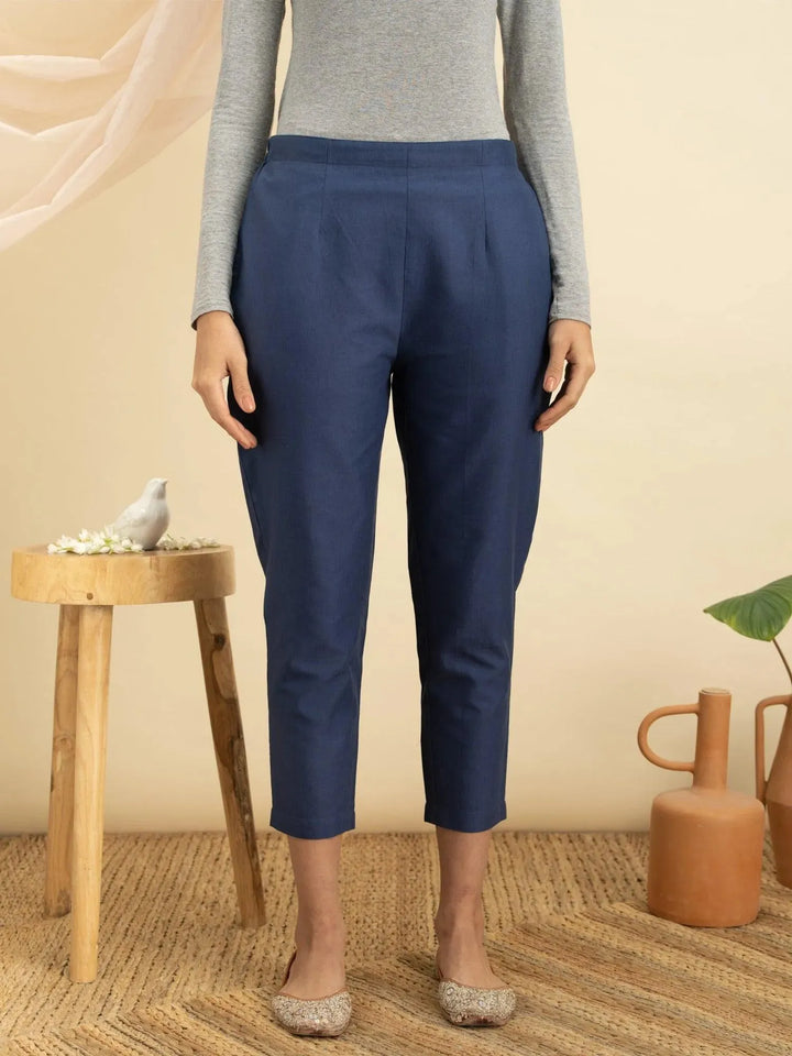 Blue Solid Cotton Trousers - Libas