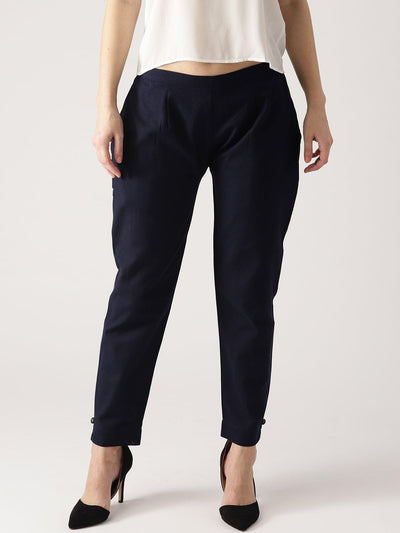 Blue Solid Cotton Trousers - Libas
