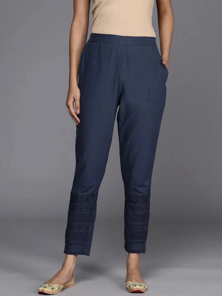 Blue Solid Cotton Trousers - Libas