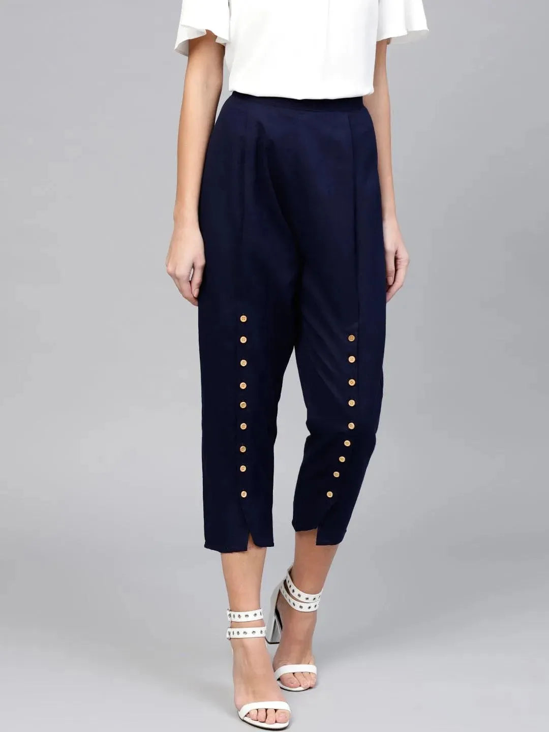 Blue Solid Cotton Trousers - Libas