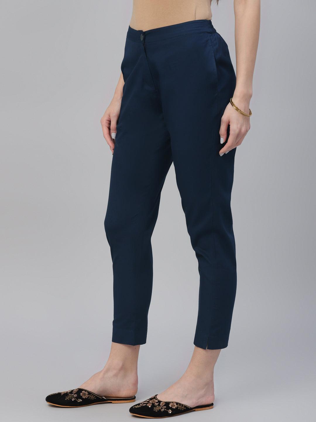 Blue Solid Cotton Trousers - Libas