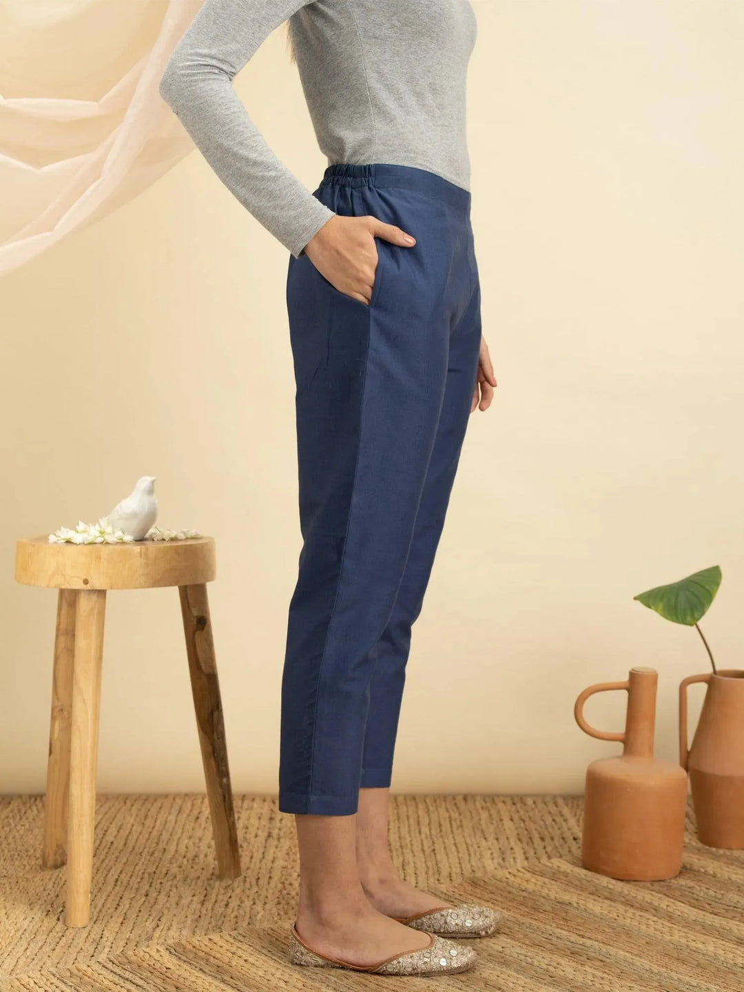 Blue Solid Cotton Trousers - Libas