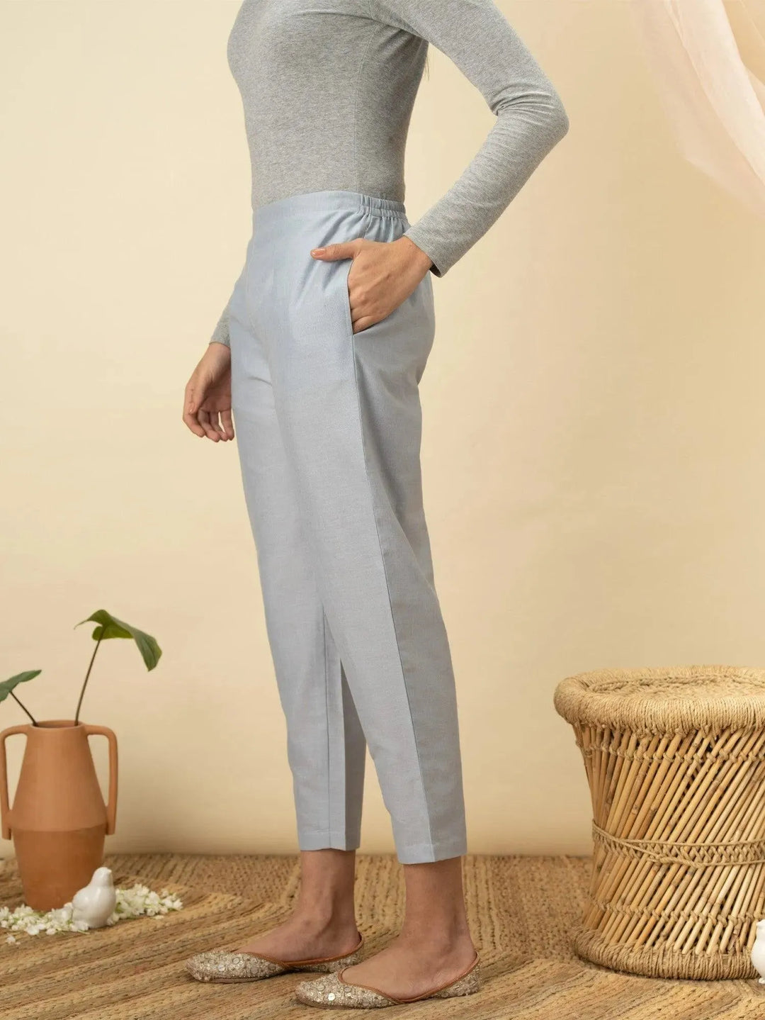 Blue Solid Cotton Trousers - Libas 